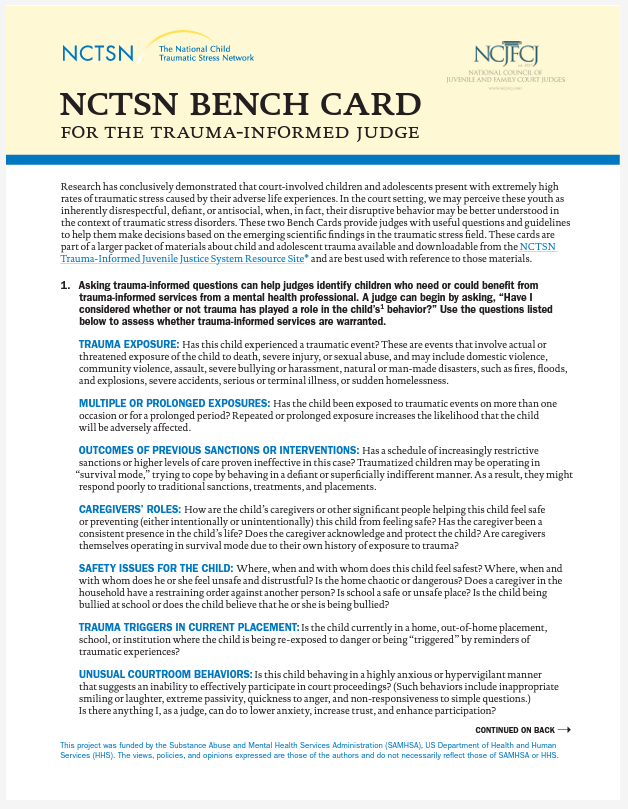 NCTSN Bench Card for The Trauma-Informed Judge bench card