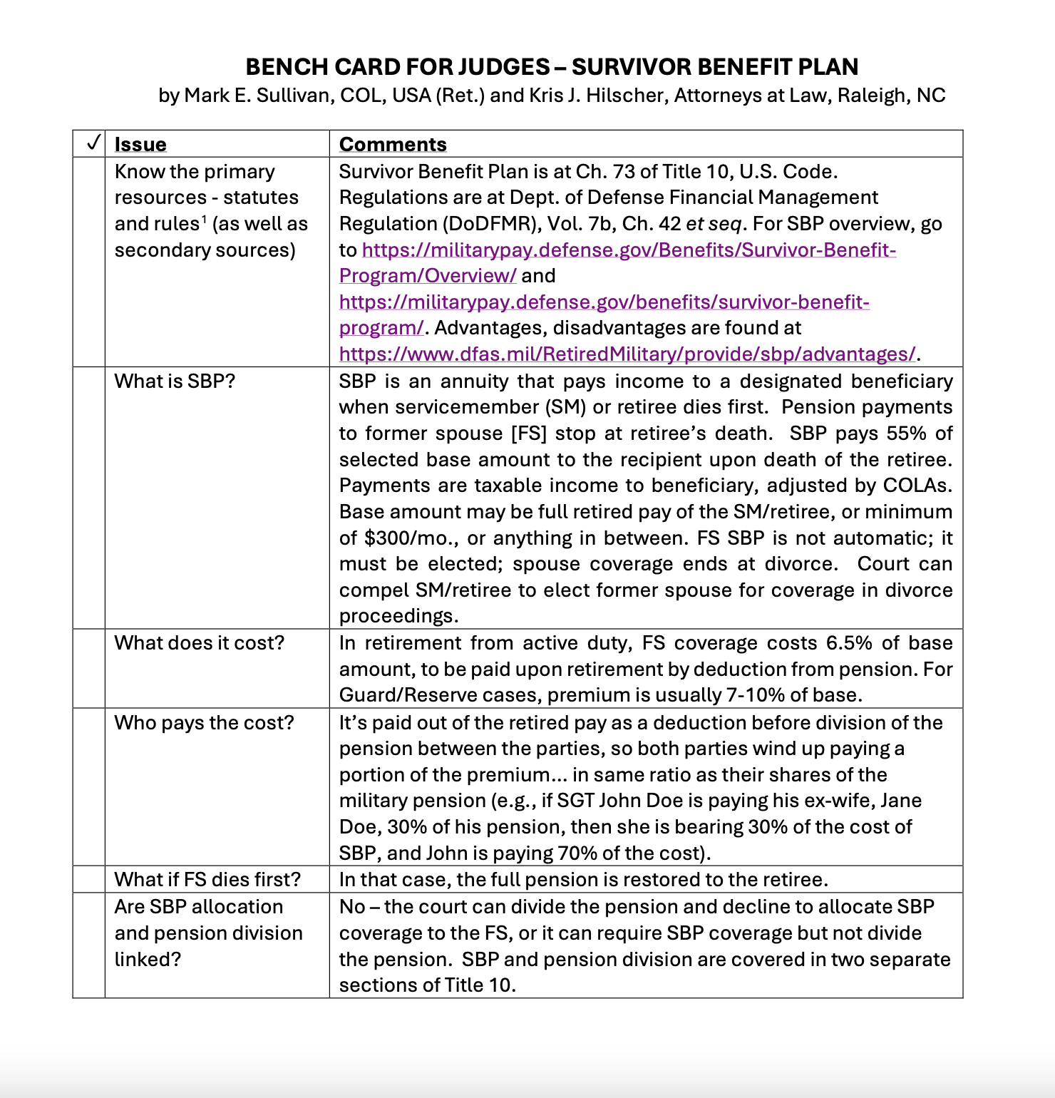 Survivor Benefit Plan Bench Card - NCJFCJ